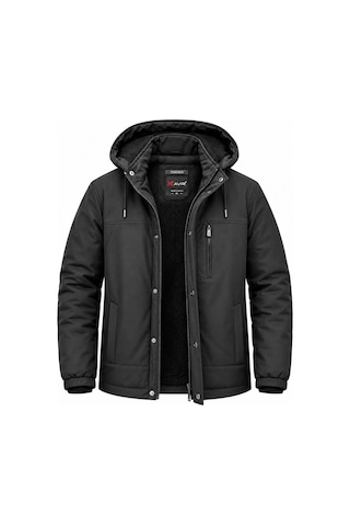 Classics Men Büyük Beden Outdoor Kapüşonlu Su Ve Rüzgar Geçirmez Kapitone İçi Kürklü Elyaf Dolgulu Softshell Mont 7824 Siyah