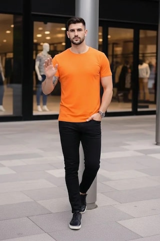 Veraura Lifestyle Erkek T-shirt Bisiklet Yaka Slim Fit Dar Kesim Likralı Tişört Günlük Basic Body - Turuncu