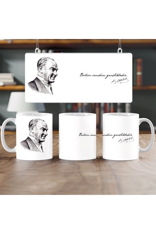 Atatürk Sözleri Ve Resmi Kupa Bardak - Mustafa Kemal İmzalı - '' Bütün Ümidim Gençliktedir '' Beyaz
