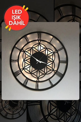 Led Işıklı Çiçek Duvar Saati Sessiz Dekoratif Modern Siyah Ahşap Siyah