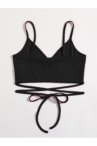 V Yaka Askılı İpli Siyah Renk Fitilli Super Crop Top Büstiyer Siyah