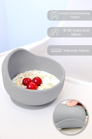 Meleni Baby 5'li Silikon Beslenme Seti - Bebek Mama Önlüğü - Tabak - Vakumlu Kase - Pipetli Bardak - Kaşık-gri Genel