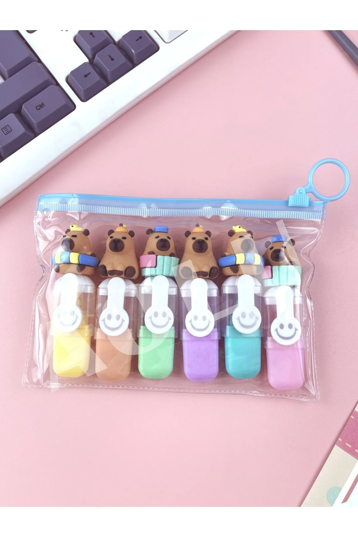 Sevimli Tatlım Mini Renkli Kapibara Modelli Göz Yormayan Fosforlu Kalem 6'lı Set Çok Renkli