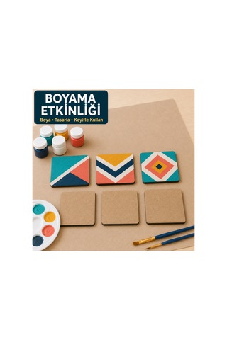 Arliadesign Çukurova Ahşap Lazer Kendin Yap 6 Lı Kare Bardak Altlığı Seti Standlı 12x12 Cm Ham Mdf