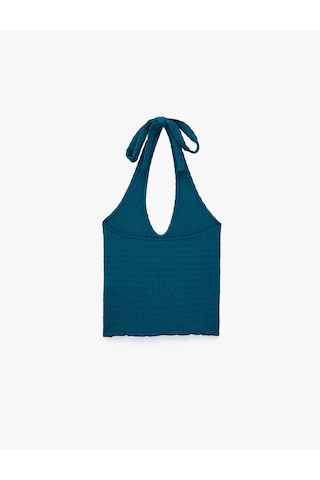 Koton Bürümcük Kumaş Slim Fit Boyundan Bağlamalı Sırt Dekolteli Halter Yaka Bluz Mavi 6sak10347ek