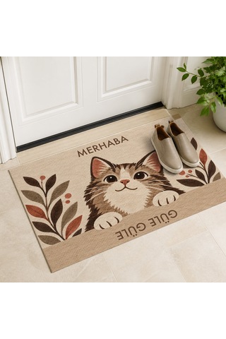 Kartela Halı Merhaba Güle Güle Kedili Kapı Paspası Bej Kaymaz Kauçuk Taban Yıkanabilir 60x90 Cm
