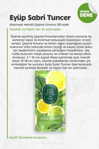 Eyüp Sabri Tuncer Kolonyalı Mendil Çeşme Limonu 3 Paket 150'li Ve Rosıe Pamuk