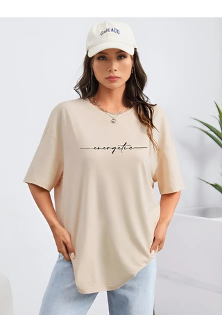 Energetic Yazılı T-shirt - Bej Baskılı Oversize Bisiklet Yaka Kısa Kol Tişört Bej
