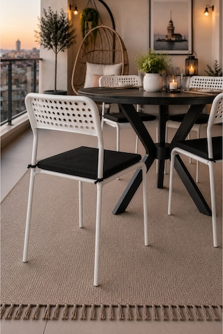 Siyah 4 Kişilik Minderli Balkon Takımı, Balkon Masası, Balkon Sandalyesi, Yuvarlak Masa, Yemek Masası, Mutfak Masa Sandalye Takımı, 4 Sandalye 1 Masa Siyah/siyah-beyaz