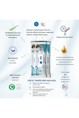 Gümüş İyonlu Kremli Vücut Temizleme Havlusu 12 Li X 3 Paket 36 Adet