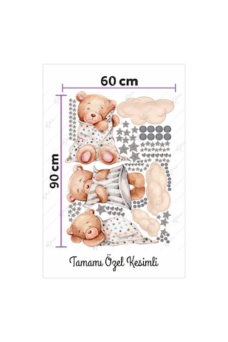 MSticker 3'lü Uyuyan Ayıcık Bulutlar Ve Yıldızlar Çocuk Bebek Odası Sticker Seti Pembe