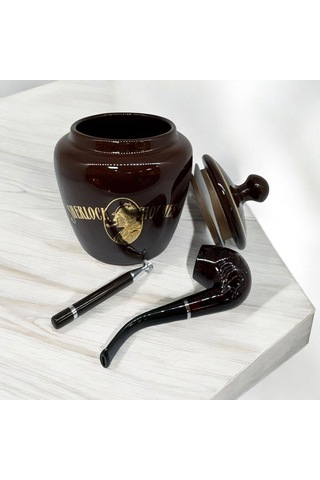 Sherlock Holmes El Yapımı Seramik Pipo Tutun Kavanozu Kahve Large