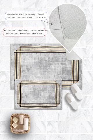 Dijital Baskı Çerçeveli Kaymaz Taban 2li Set Banyo Paspası Klozet Takımı 50x60cm-60x100cm Gri