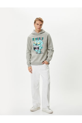 Koton Canavar Baskılı Hoodie Rahat Kesim Uzun Kollu Ribanalı Gri 4wam70430mk Gri