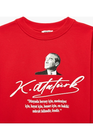 Koton Atatürk Baskılı Uzun Kollu Bisiklet Yaka Pamuklu Sweatshirt Kırmızı 7wkg10705ak