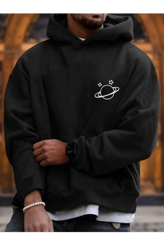 Yıldızlı Saturn Sweatshirt - Siyah Baskılı Oversize Kışlık Kalın Kapüşonlu Siyah