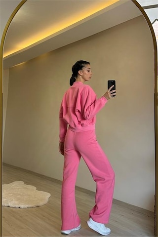 Neşeli Butik Kadın Fermuarlı Oversize Sweat Ve Yüksek Bel Eşofman Takımı Nm018 Pembe