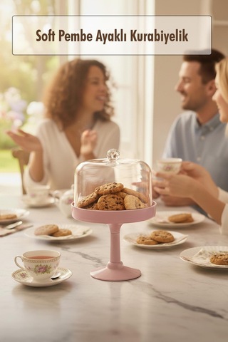 Soft Pembe Akrilik Ayaklı Kurabiyelik & Kapaklı Sunum Standı - 2 Parça Şeffaf