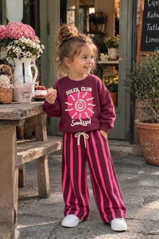 Soleil Club Baskılı Mürdüm Sweatshirt Çizgili Kız Çocuk Alt Üst Takım Süper Kalite 3ip Pembe