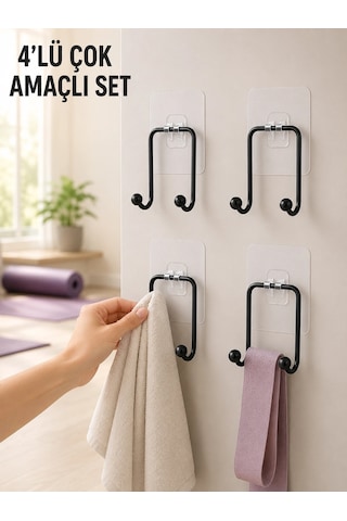 Mey İthalat 4'lü Duvar Tipi Yapışkanlı Askı Pratik Ev Ve Banyo Askılık Seti Çok Renkli