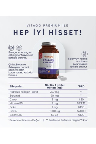 Vitago Premium Hidrolize Kolajen Seramid ve Biotin İçeren Takviye Edici Gıda 30 Tablet