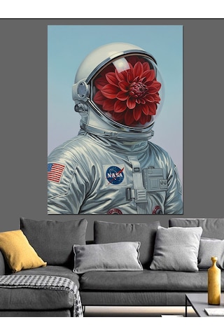 Karizma Tablo Astronot Başlı Çiçekli Adam Dekoratif Kanvas - Mdf Ahşap Tablo