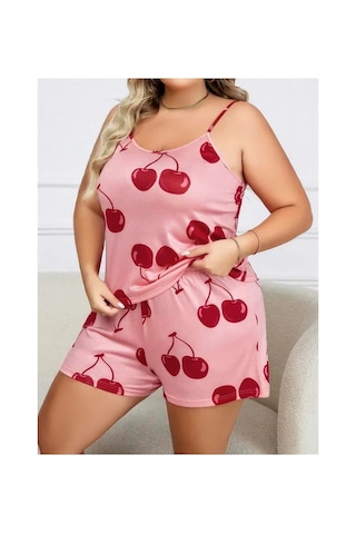 E-bulurum Büyük Beden Pembe Kiraz Desen İnce Askılı Pamuklu Şortlu Pijama Takımı