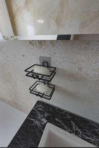 Eva Metal Tasarim Yapışkanlı Banyo Mutfak Lavabo Metal Katı Sabunluk 2'li Set Siyah