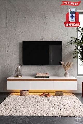 Pureline Tech Led Işıklı Tv Ünitesi 180 Cm - Modern Tv Sehpası - Beyaz Çam