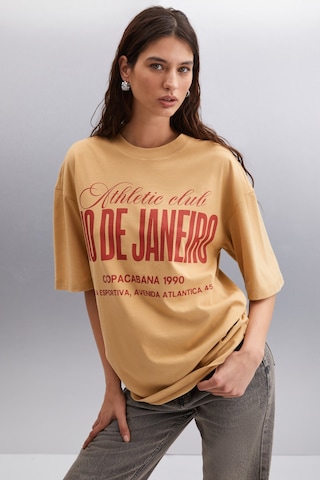 Ethıquet Malıka Kadın %100 Organik Pamuklu Şehir Tema Baskılı Oversize Bisiklet Yaka Bej T-shirt