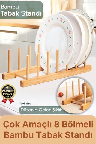 Çok Amaçlı Düzenleyici Bulaşıklık Plak Tabak Kitap Mutfak Organizer 8 Bölmeli Bambu Tabak Standı Diğer