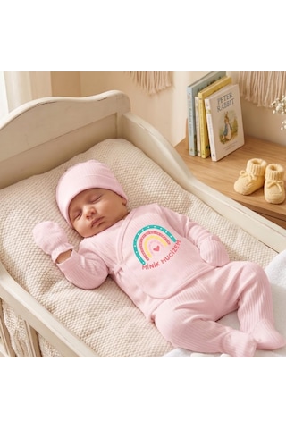 Lexroo %100 Pamuk Yenidoğan Bebek Hastane Çıkış Seti Minik Mucizem Yazılı Pembe 5 'li Bebek Takımı