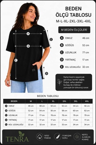 Tenra Kadın Basic Oversize Tişört Bisiklet Yaka Uzun Boy Yırtmaçlı Lazer Kesim %100 Pamuk Siyah