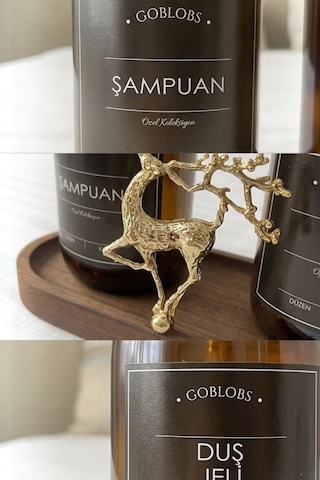 Sabunluk Amber Şişe Cam İkili Şampuan-duş Jeli Banyo Düzenleyici Lüks Gold Geyik Ahşap Standlı 500ml