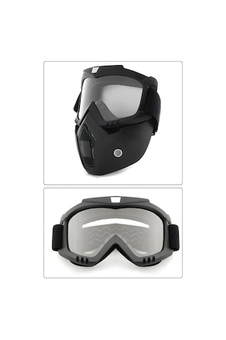 Cross Motosiklet Bisiklet Gözlüğü Açık Kask Maskesi Süngerli Bant Lastikli Jet Maske Şeffaf Camlı Siyah