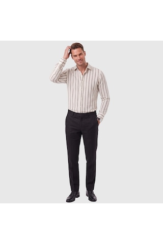 Deepsea Erkek %100 Pamuk Slim Fit Dar Kesim Keten Dokulu Çizgili Uzun Kollu Beyaz Gömlek 2600034