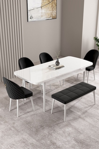 Milas Beyaz 80x132 Mdf Açılabilir Yemek Masası Takımı 4 Sandalye, 1 Bench Siyah