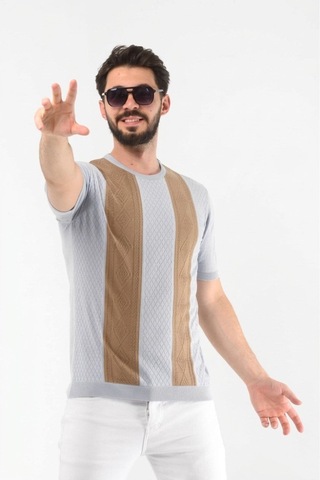 Jakarlı Pamuklu Desenli Triko Tshirt Mavi