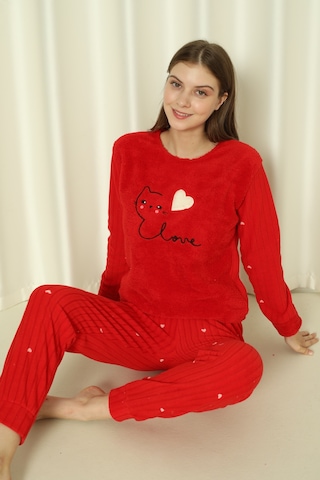 Wordex Fawn 04-3309 Peluş Welsoft Polar Kışlık Yumoş Kalpli Kedili Kadın Pijama Takımı Kırmızı