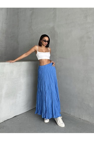 Kadın Buruşuk Modal Dokulu Soft Uzun Etek Mavi