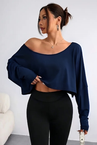 Kadın Düşük Omuz Kayık Yaka Oversize Uzun Kollu Crop T-shirt Lacivert