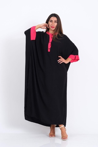Kadın Siyah Sırtı Palmiye Nakışlı Yarasa Kol Oversize Uzun Elbise - Sıyah