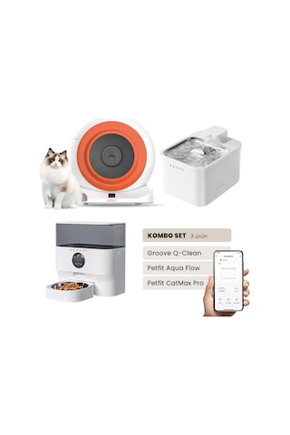 Groove Q-clean Akıllı Otomatik Kedi Tuvaleti Turuncu - Petfit Aqua Flow Akıllı Bataryalı Su Pınarı Çeşmesi + Petfit Catmax Pro Akıllı Otomatik Mama Kabı Bundle