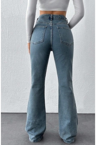 Herton Yüksek Bel İspanyol Paça Jean Pantolon - Eskitme Detaylı Full Pamuklu Flare Denim Açık Mavi