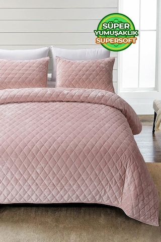 Evlen Home Kapitone Kadife Yatak Örtüsü Seti Çift Kişilik Supersoft 3 Parça Yumuşak Elyaf Dolgulu Pudra Pudra