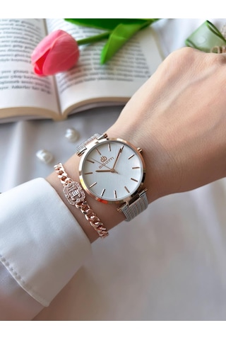 Bigotti Çelik Hasır Kordon Kararma Renk Atmaz 3 Atm Suya Dayanıklı Kadın Kol Saati+bileklik B10342.4 Rose Gold
