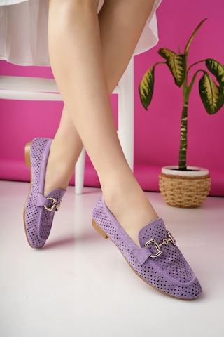 Muggo Phuket Garantili Metal Tokalı Lazerli Nefes Alabilen Deri Kadın Loafer Günlük Ayakkabı Mor