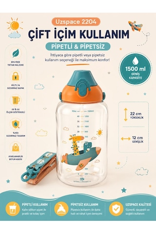 Uzspace 2204 Turuncu 1500 Ml Çift İçim Ölçek Göstergeli Tritan Çocuk Su Matarası