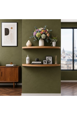 2'li Oval Duvar Rafı Salon, Yatak Odası, Antre, Hol Dekorasyon 60 Cm Uzunluk Çam Duvar Rafı Kahverengi