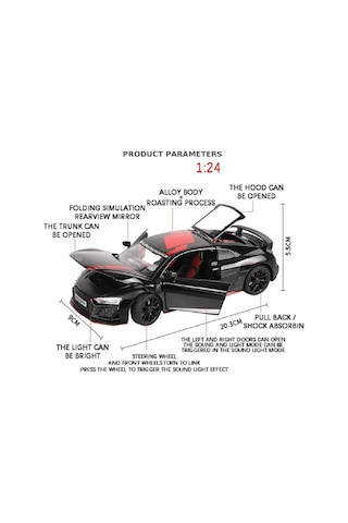 Audi R8 V10 1:24 Diecast Metal Model Araba Koleksiyon Sesli Işıklı Siyah